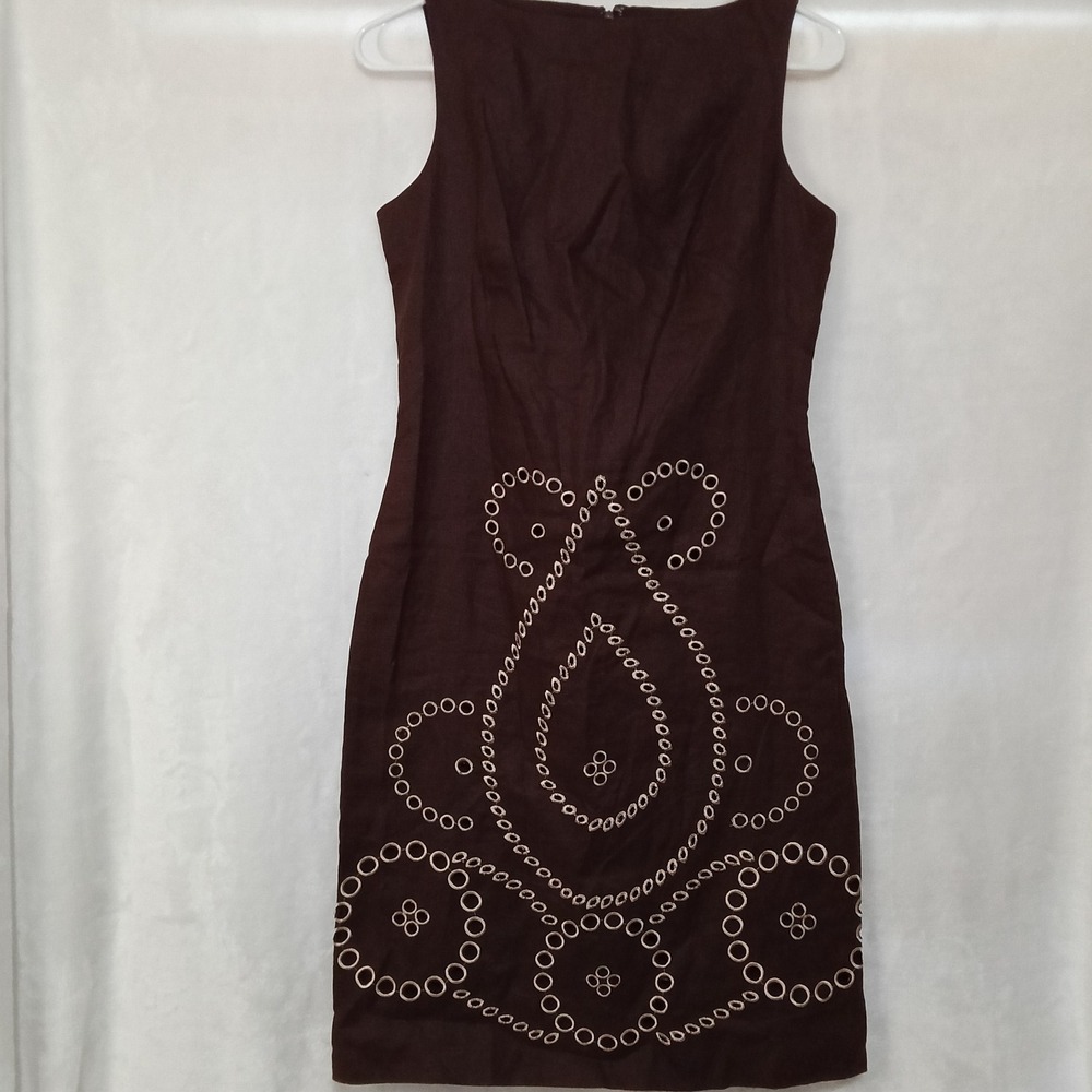 Isaac Mizrahi for Target Brown Linen Embroidered Sheath Dress Sleeveless Size 2